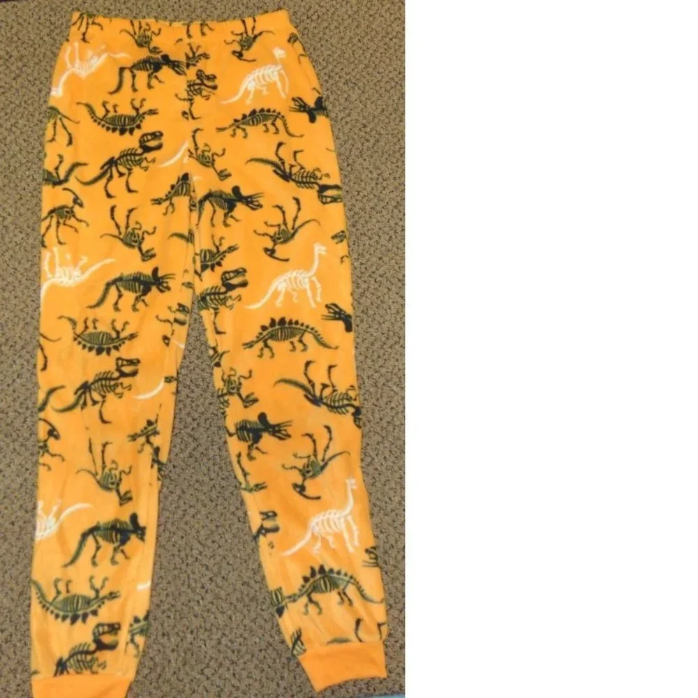 Skeleton Dinosaur Halloween Pajamas 10/12 Gray Shirt & Orange Pants 2 Pc Kids